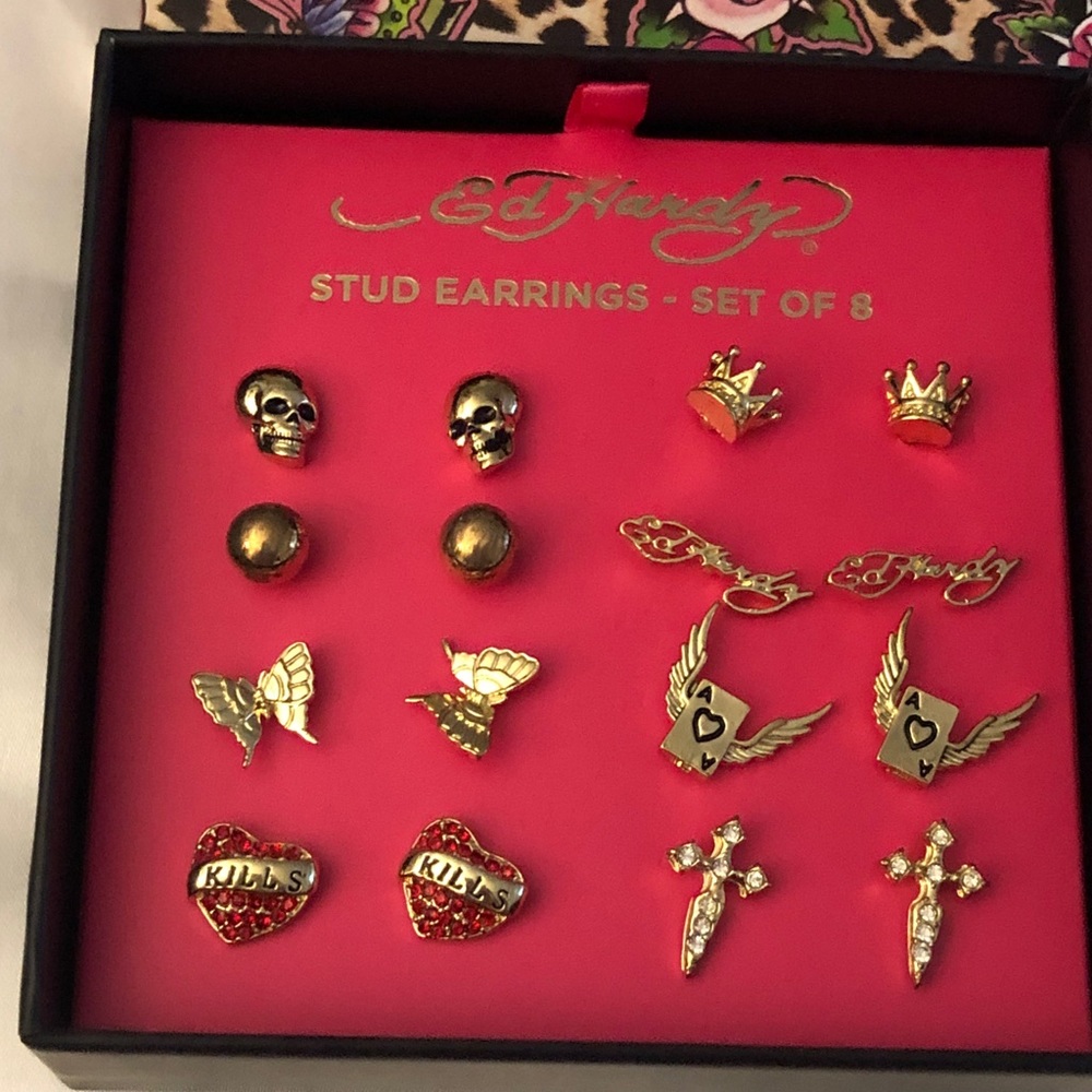 Ed Hardy Gold Tone 8 Pair Stud Earring Set Skull, Heart, Logo, Cross & Crown NIB